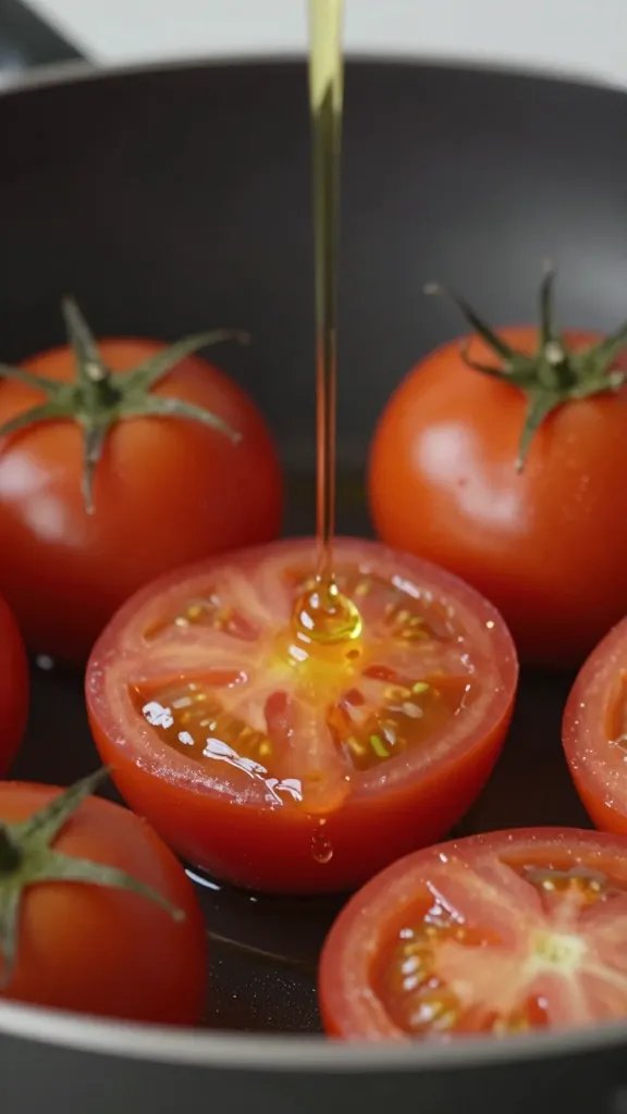 Silver Palate Marinara Sauce: Shine on Weeknights 5 closeup of shimmering olive oil drizzle over tomatoes in pan