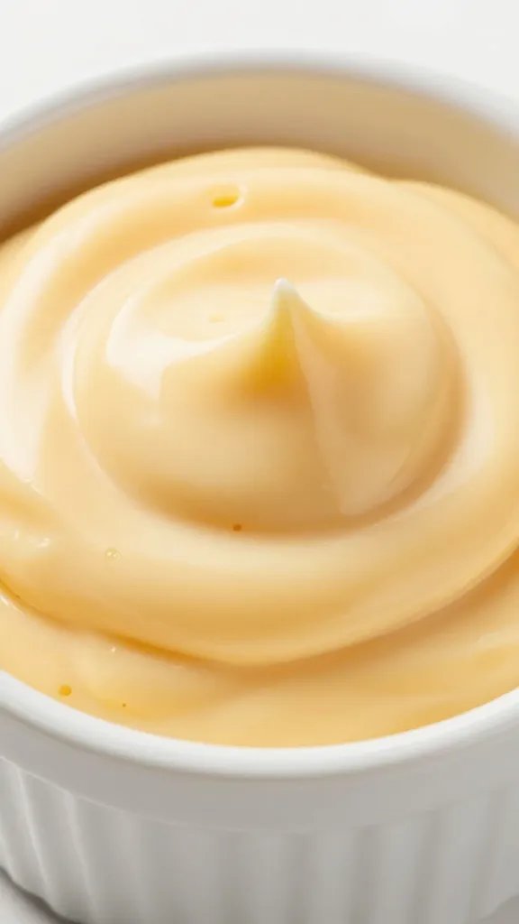 Smoked Gouda Cheese Sauce: the Ultimate Snack Upgrade 3 closeup of smoked Gouda cheese sauce swirl in white ramekin