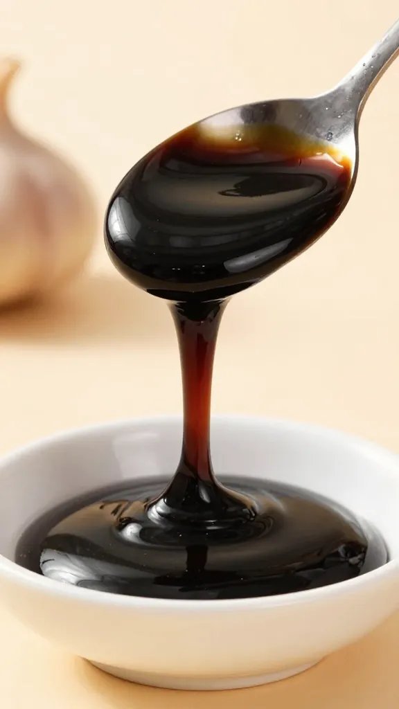 Bold Black Garlic Sauce: Kitchen Magic Unleashed 3 closeup of black garlic sauce drizzle on spoon