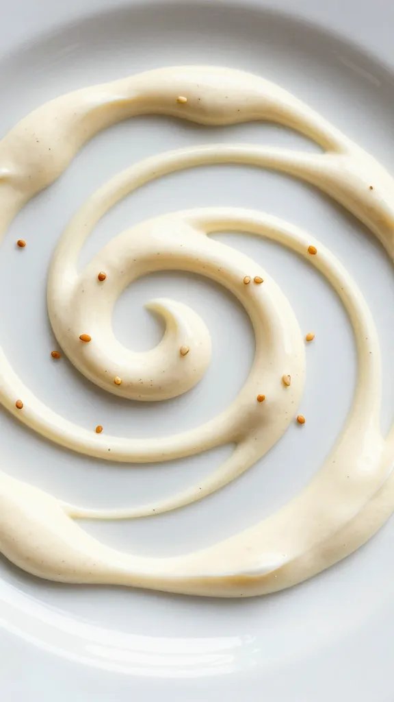 Bold Black Garlic Sauce: Kitchen Magic Unleashed 5 closeup of creamy sauce swirl on white plate with sesame sprinkle