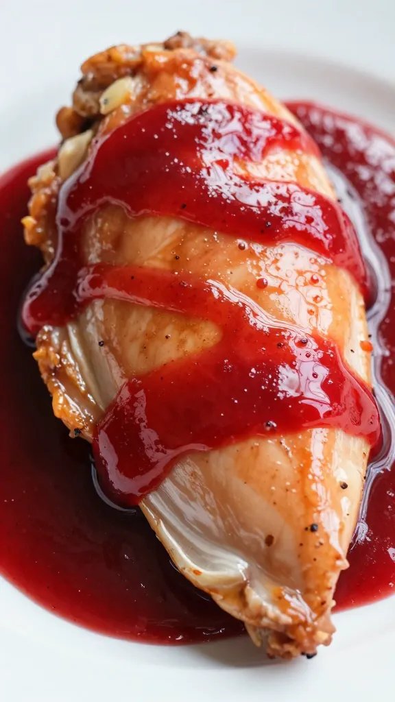 Cherry Sauce for Chicken: Weeknight Wow Factor 3 Closeup of glossy cherry sauce coating a single chicken breast