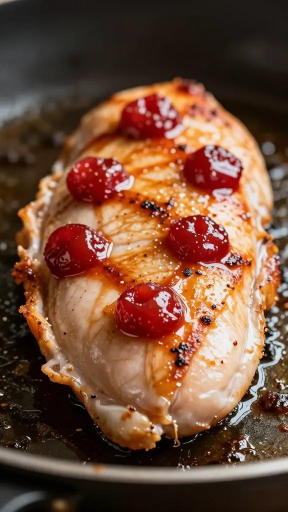 Cherry Sauce for Chicken: Weeknight Wow Factor 4 Closeup of sizzling chicken breast with cherry glaze on skillet edge