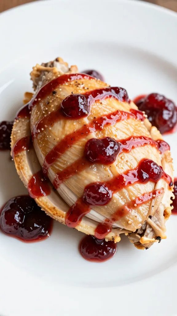 Cherry Sauce for Chicken: Weeknight Wow Factor 5 Closeup of plated chicken with cherry preserves drizzle on pristine white plate