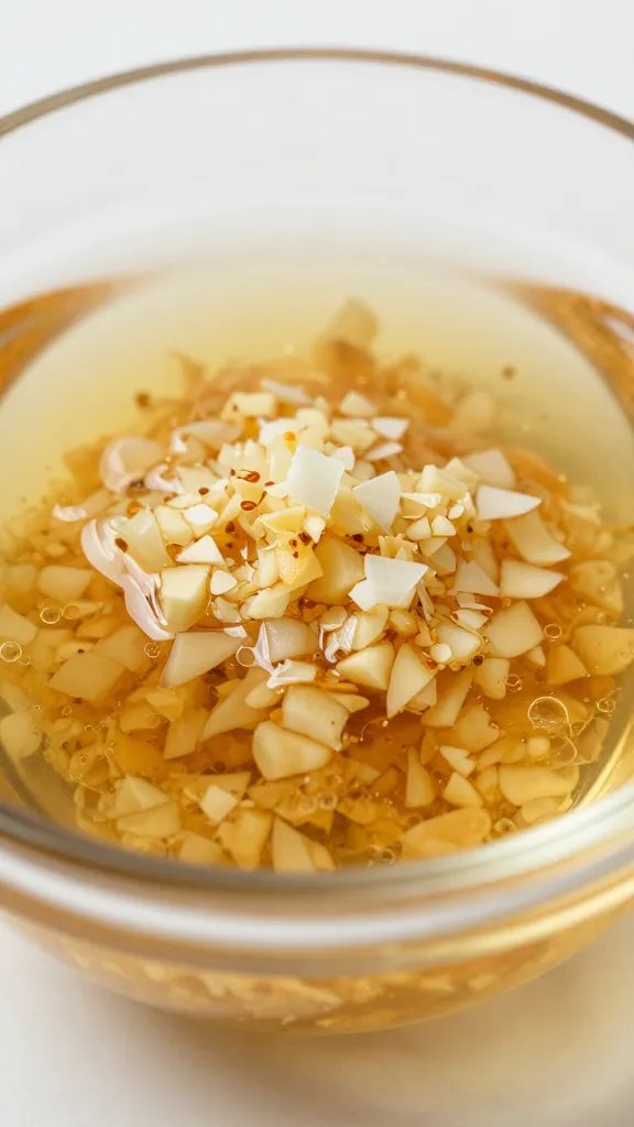 Filipino Vinegar Dipping Sauce: a Tangy Wing-Win 3 closeup of a glass bowl of Filipino vinegar dipping sauce, focus on minced garlic and onion