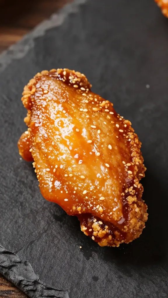 Filipino Vinegar Dipping Sauce: a Tangy Wing-Win 5 closeup of a single fried chicken wing with sauce glaze on a dark rustic board