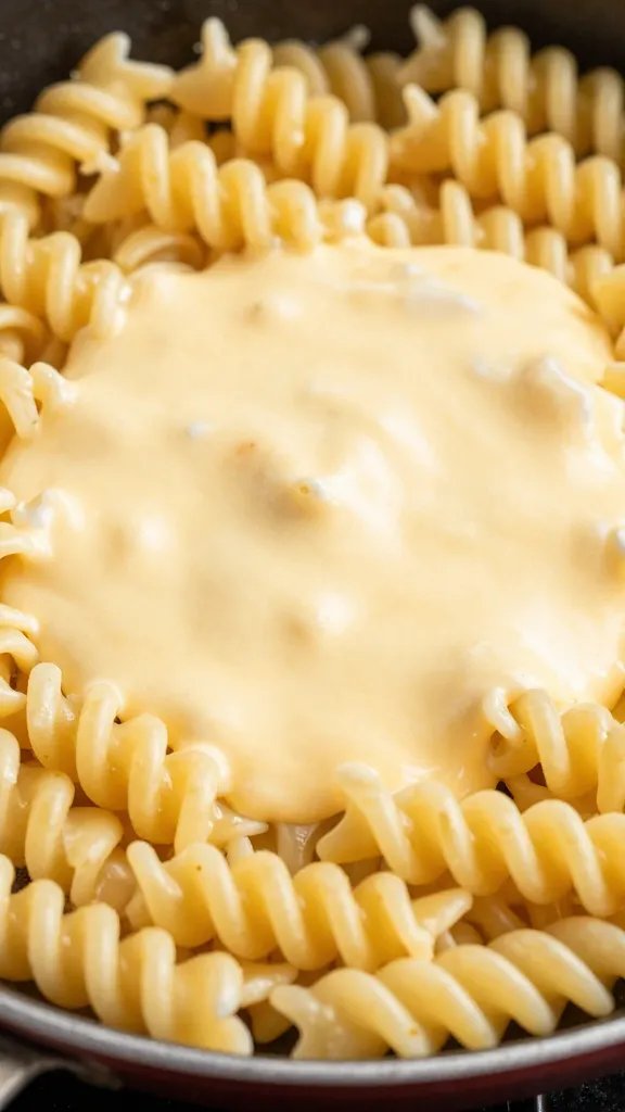 Grana Padano Cheese Sauce That Dazzles Your Dinner 4 closeup shot of silky cheese sauce on pasta twirl in skillet