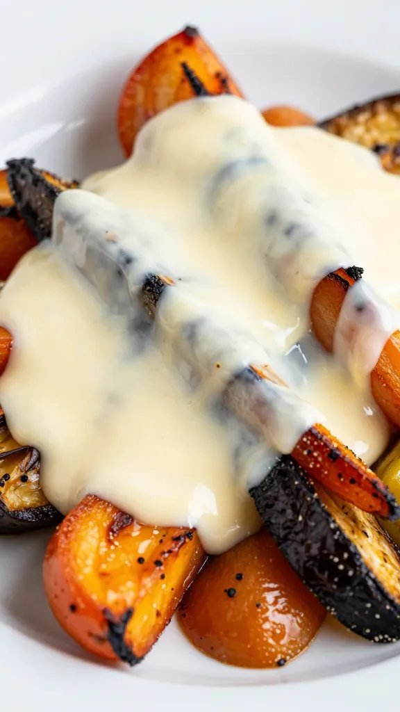 Grana Padano Cheese Sauce That Dazzles Your Dinner 5 closeup of drizzled cheese sauce over roasted vegetables on plate