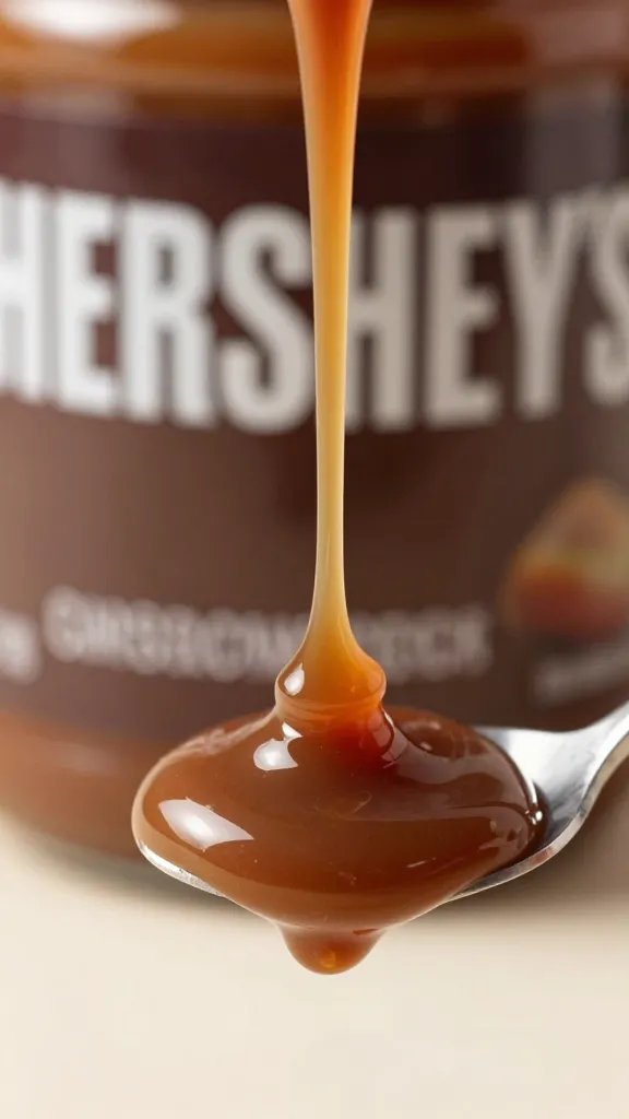 Irresistible Hershey’S Caramel Sauce Delights You Tonight 3 closeup of Hershey’s caramel sauce drizzle on spoon
