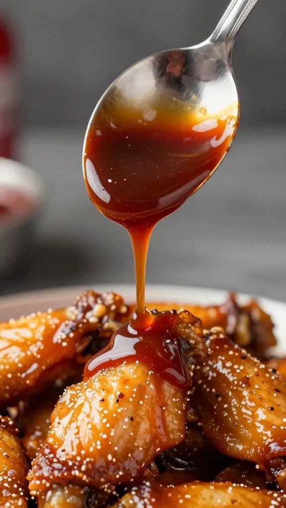 Texas Pete Bbq Sauce: Grill-Grade Flavor Unleashed 5 Closeup dipping spoon with Texas Pete BBQ sauce drizzling onto wings