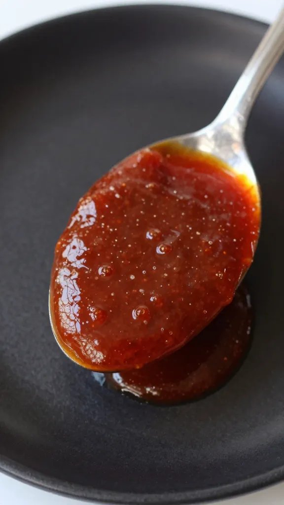 Stubbs Spicy Bbq Sauce: Heat That Slaps Hard 5 Close-up of a single glossy spoonful of Stubbs Spicy BBQ Sauce over a dark plate