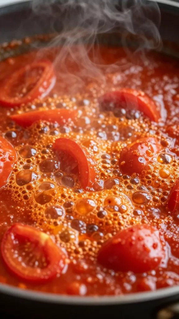 Vincents Marinara Sauce: a Quick, Cozy Tomato Hug 4 closeup of steaming skillet with bright tomato sauce bubbling