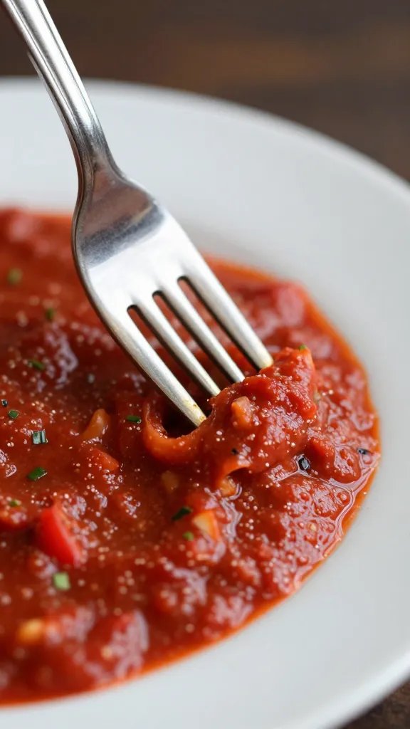Vincents Marinara Sauce: a Quick, Cozy Tomato Hug 5 closeup of a single fork twirling marinara over plate edge