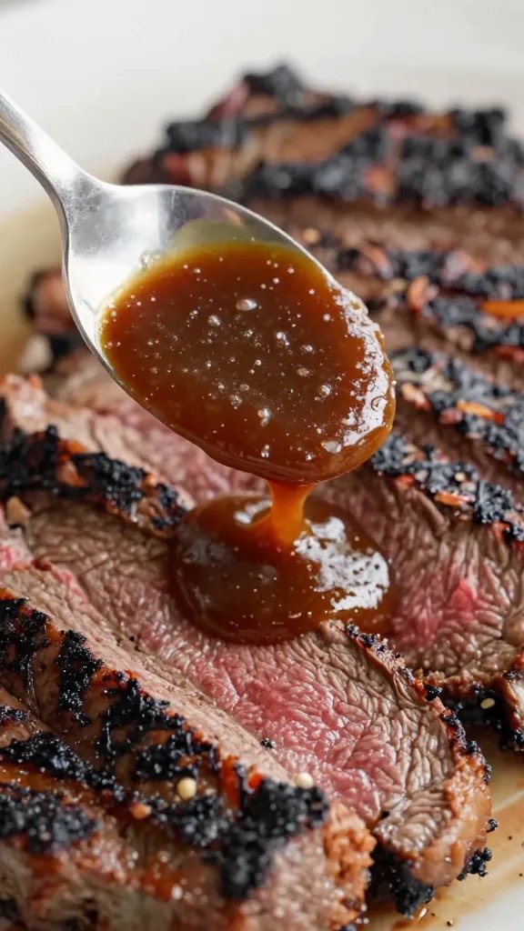 Tri Tip Dipping Sauce: Bold Flavor Bombs That Wow 4 closeup of spoon dipping sauce over smoky tri tip slice