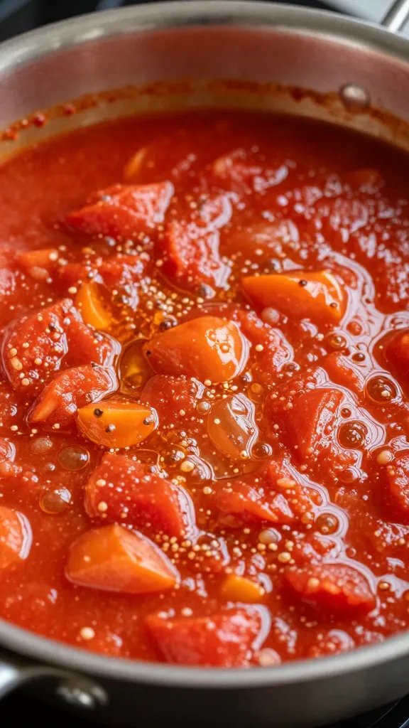 10 Can Tomato Sauce: Pantry-to-Plate Magic in 10 Minutes 3 Closeup of simmering tomato sauce in a small stainless pan, oil glistening