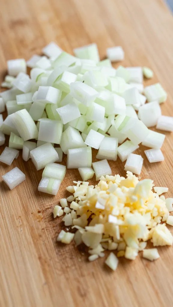 10 Can Tomato Sauce: Pantry-to-Plate Magic in 10 Minutes 5 Closeup of finely chopped onion and minced garlic on wooden cutting board