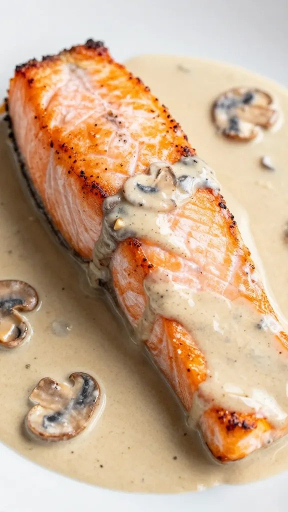 Creamy Mushroom Sauce for Salmon Magic 3 closeup of pan-seared salmon fillet with creamy mushroom sauce