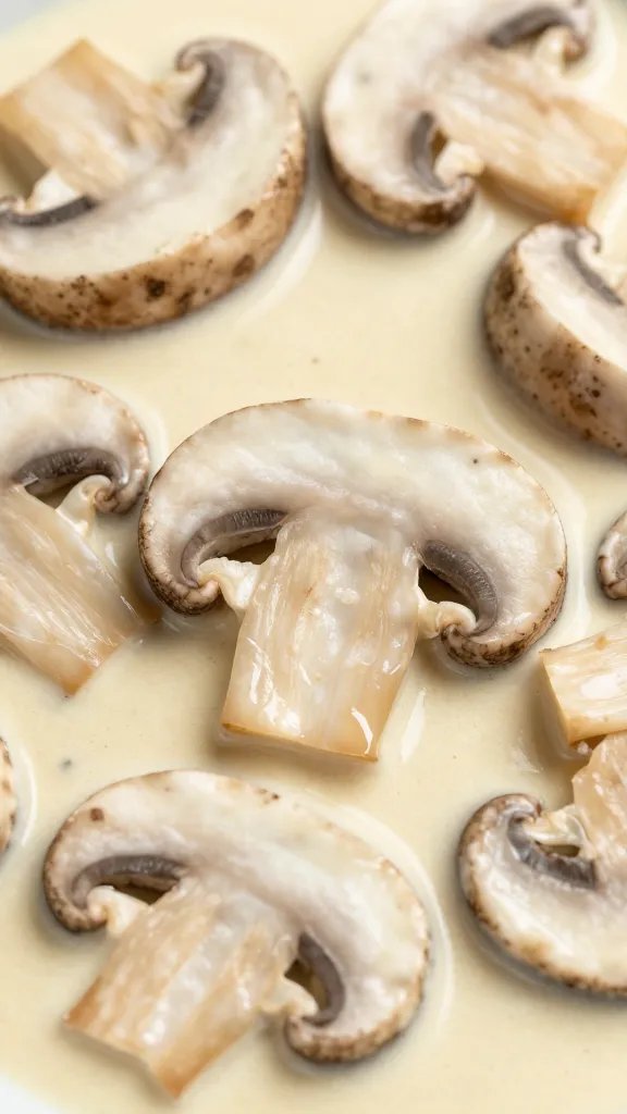 Creamy Mushroom Sauce for Salmon Magic 4 closeup of sliced cremini mushrooms in velvet cream sauce