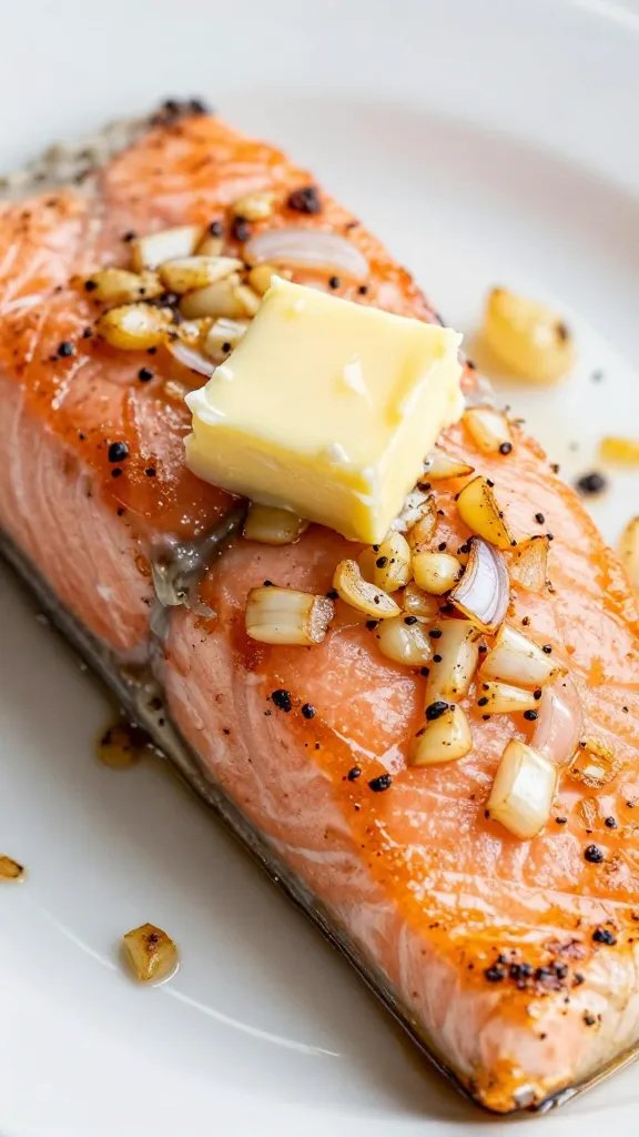 Creamy Mushroom Sauce for Salmon Magic 5 closeup of buttering sizzling garlic and shallot over salmon plate