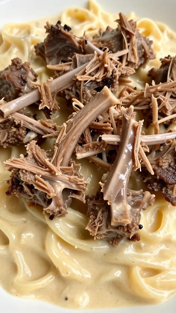 Short Rib Pasta Cream Sauce: Cozy, Indulgent Weeknight Win 3 closeup of shredded short ribs on creamy pasta sauce