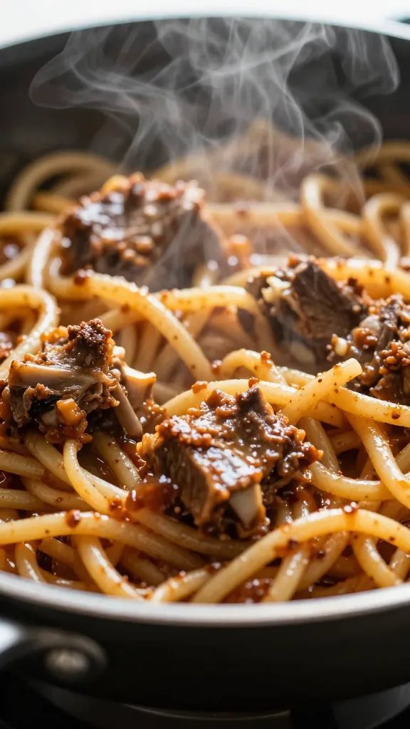 Short Rib Pasta Cream Sauce: Cozy, Indulgent Weeknight Win 5 closeup of skillet with rich short rib pasta, steam rising, shallow depth of field