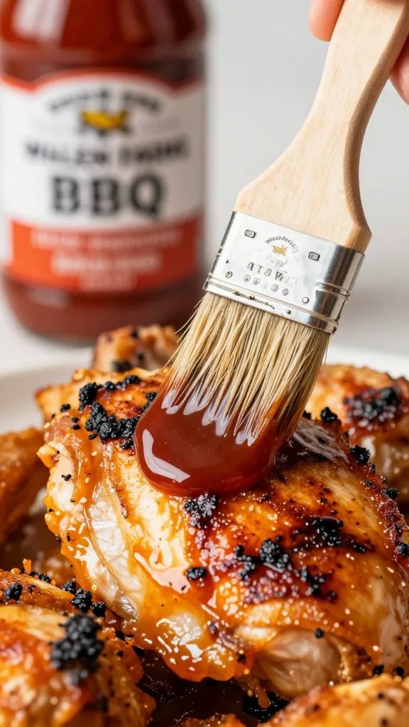 Walden Farms Bbq Sauce: Grill-Ready Perfection 4 Closeup of a brush applying Walden Farms BBQ Sauce onto grilled chicken