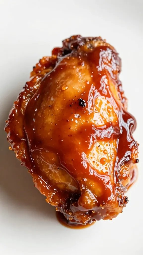 Walden Farms Bbq Sauce: Grill-Ready Perfection 5 Closeup of a glossy BBQ sauce glaze on a single plated chicken bite