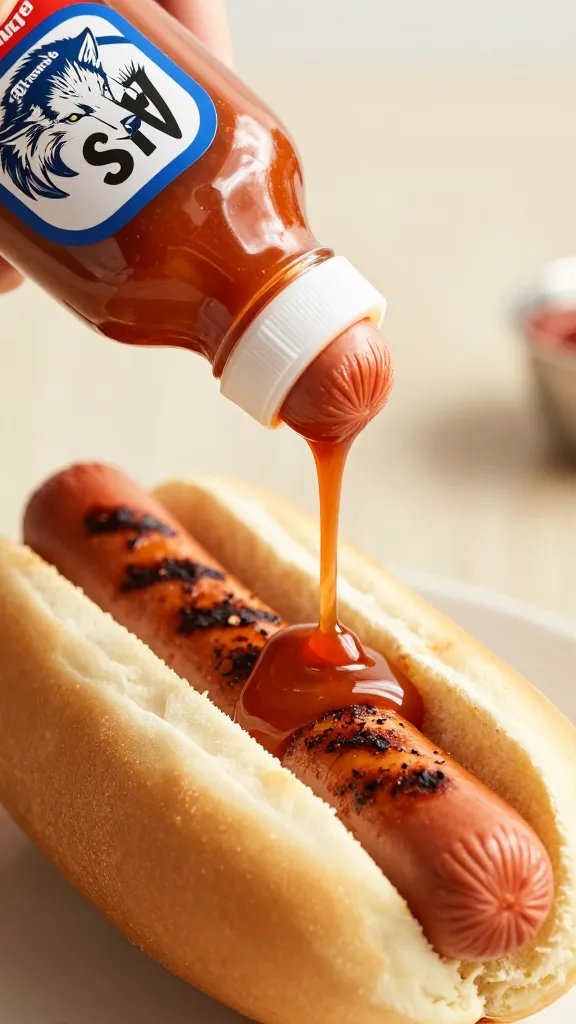 Wolf Brand Hot Dog Sauce: Grill-Ready Magic 3 Closeup of Wolf Brand hot dog sauce bottle pouring onto a grilled hot dog