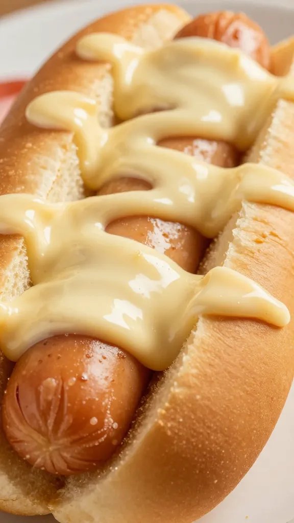 Wolf Brand Hot Dog Sauce: Grill-Ready Magic 4 Closeup of glossy Wolf Brand sauce dolloped on a hot dog bun