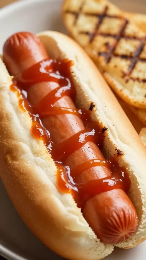 Wolf Brand Hot Dog Sauce: Grill-Ready Magic 5 Closeup of a single hot dog coated with Wolf Brand sauce, grill marks in background