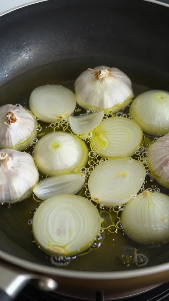 Golden Glow: Gold Tomato Sauce Won'T Let Dinner Fail 5 Closeup of garlic and onion sizzling in olive oil in a small pan