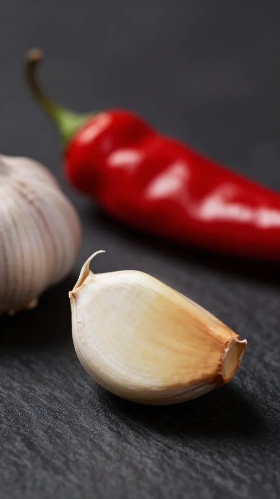 Arbol Chile Hot Sauce: Heat That Demands Attention 5 Closeup of a single garlic clove beside arbol chiles on dark background