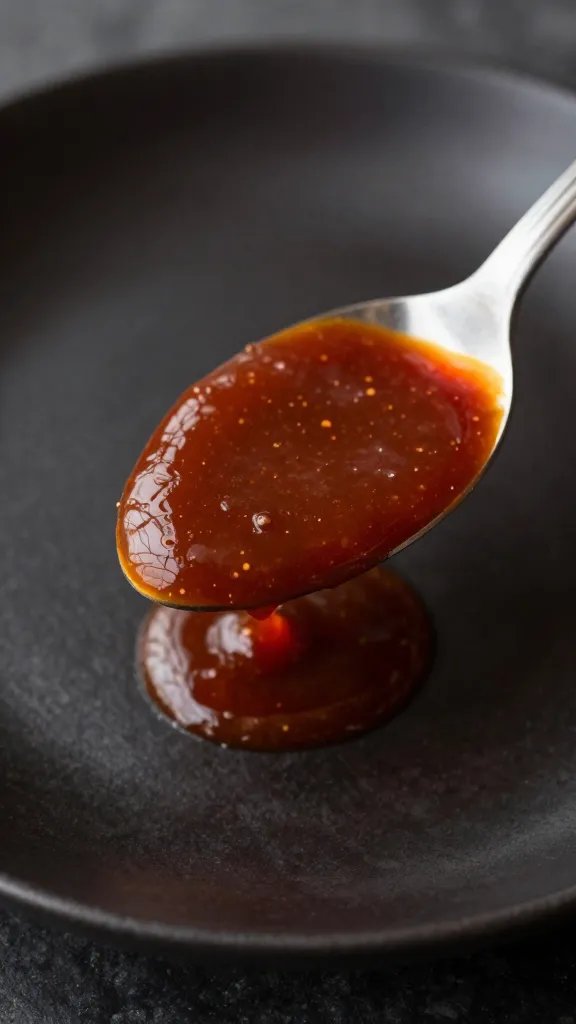 Gates Bbq Sauce That Slaps on Anything Grilled 5 Focused shot of a single spoonful of Gates BBQ sauce on a glossy, dark plate
