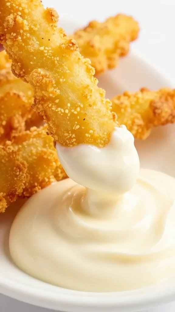 Gluten Free Yum Yum Sauce: Dip Magic You’Ll Love 5 closeup of dipping fry entering gluten-free yum yum sauce on white plate