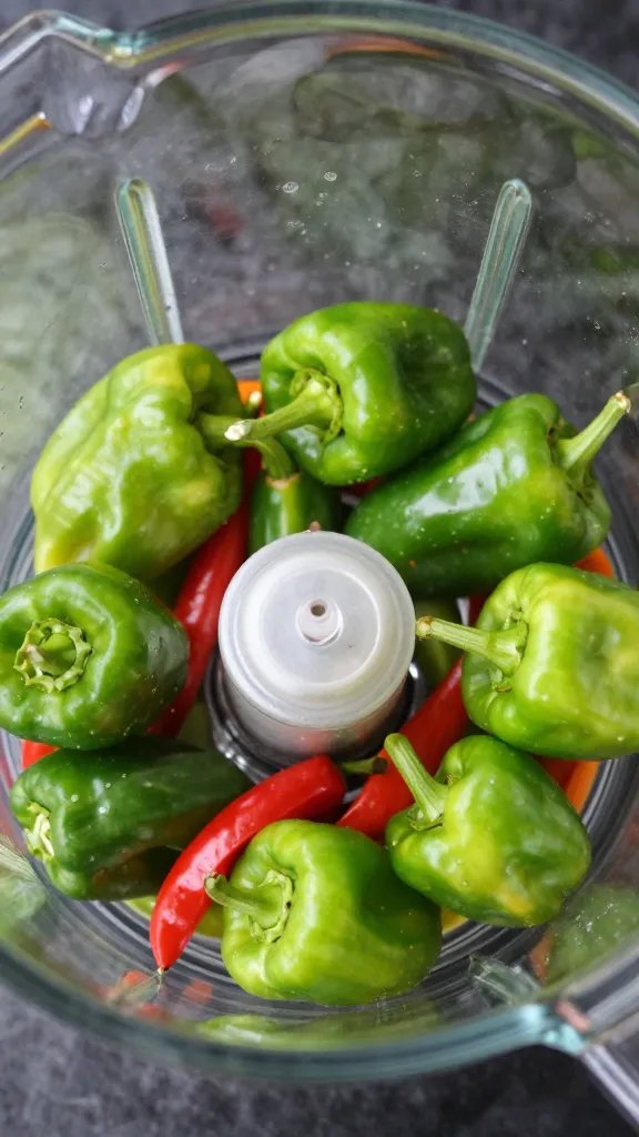Fresno Pepper Hot Sauce That Brightens Every Bite 3 Closeup of Fresno peppers being blended in a glass blender jar