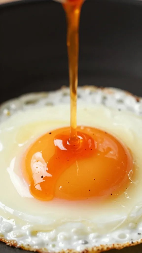 Fresno Pepper Hot Sauce That Brightens Every Bite 5 Closeup of a drizzle of Fresno pepper hot sauce on eggs (single egg)