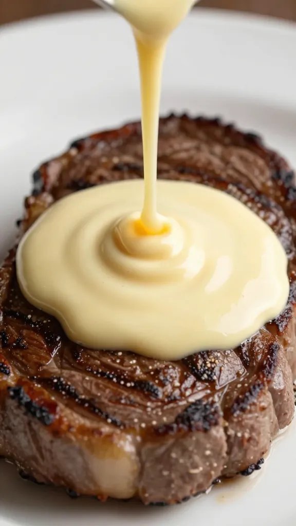 Gluten Free Bearnaise Sauce: Uber-Elegant Dip Masterclass 3 Closeup of glossy gluten-free bearnaise pouring over steak