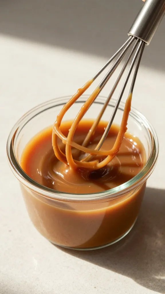 Irresistible Gluten Free Caramel Sauce You’Ll Crave 3 closeup caramel sauce on whisk with sunny countertop
