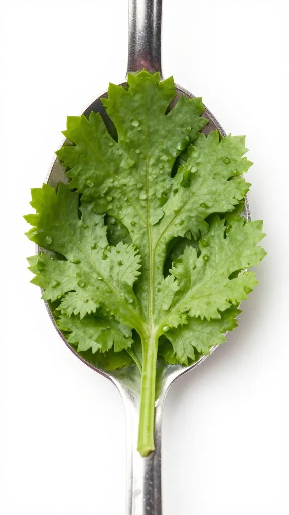 Gringos Green Sauce Recipe: Bright, Zippy Flavor Boost 4 Closeup of a single cilantro leaf resting on a spoon