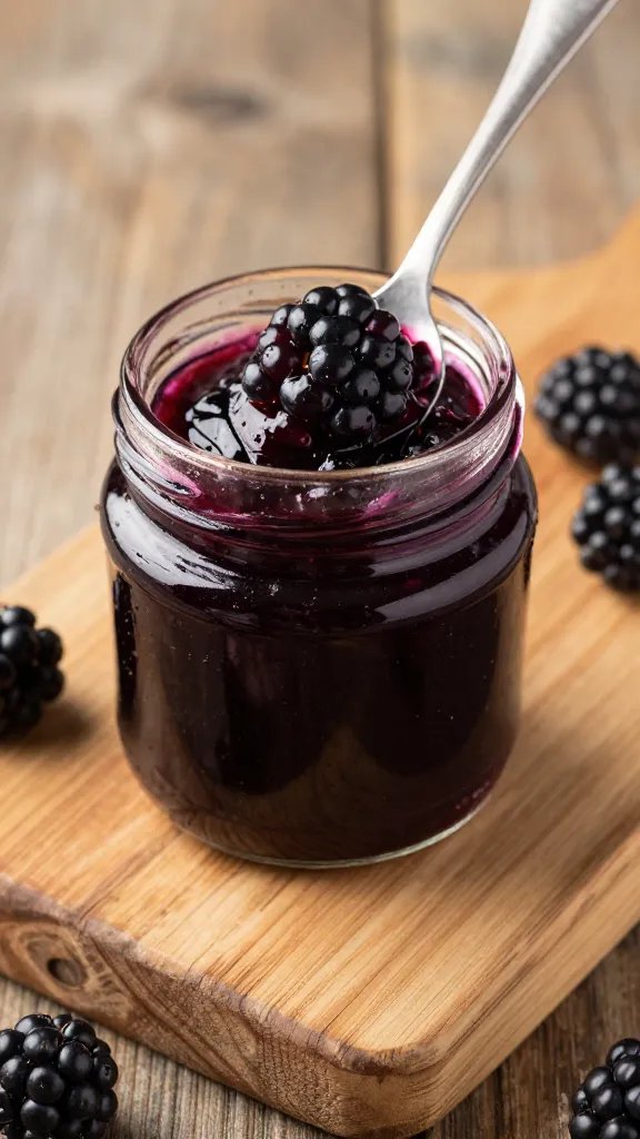 Delicious Blackberry Pepper Jelly Recipe Spotlight 3 closeup of blackberry pepper jelly jar on rustic wooden board