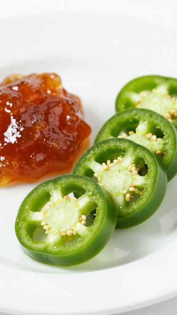 Delicious Blackberry Pepper Jelly Recipe Spotlight 5 closeup of jalapeño slices beside jam on white plate
