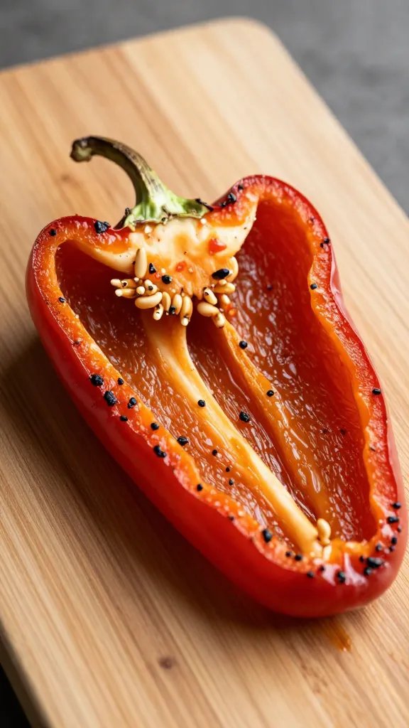 Santa Fe Grande Pepper Recipes: Bold, Bright & Easy Picks 5 Close-up of a single skillet-seared Santa Fe Grande pepper single slice on wooden board
