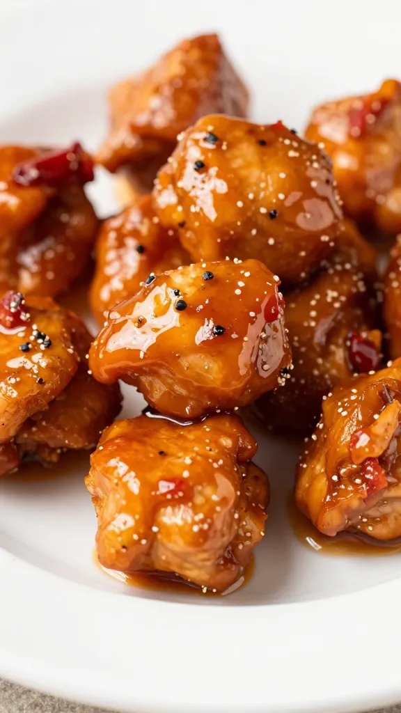 Sweet Heat: Honey Pepper Pimento Recipe Wins All Night 3 Closeup of glossy honey pepper pimento chicken bites on a white plate