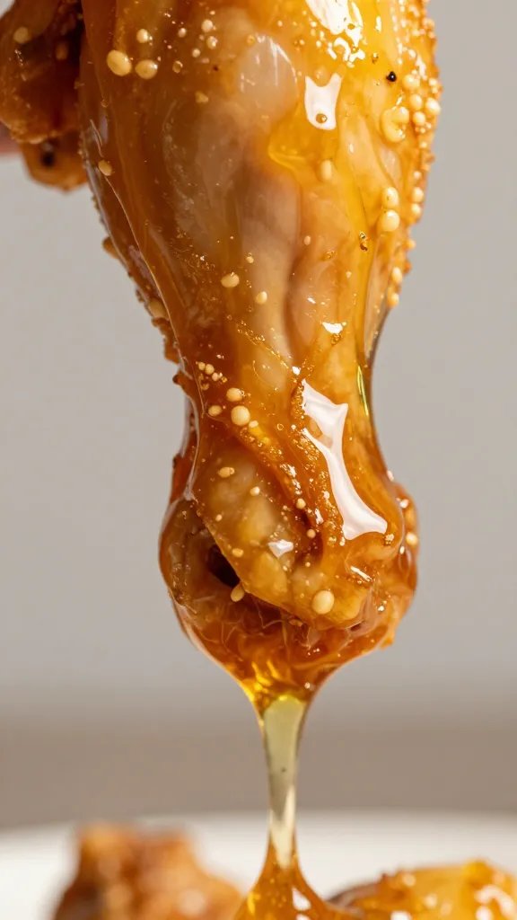 Sweet Heat: Honey Pepper Pimento Recipe Wins All Night 4 Closeup of sticky honey glaze dripping from single chicken bite