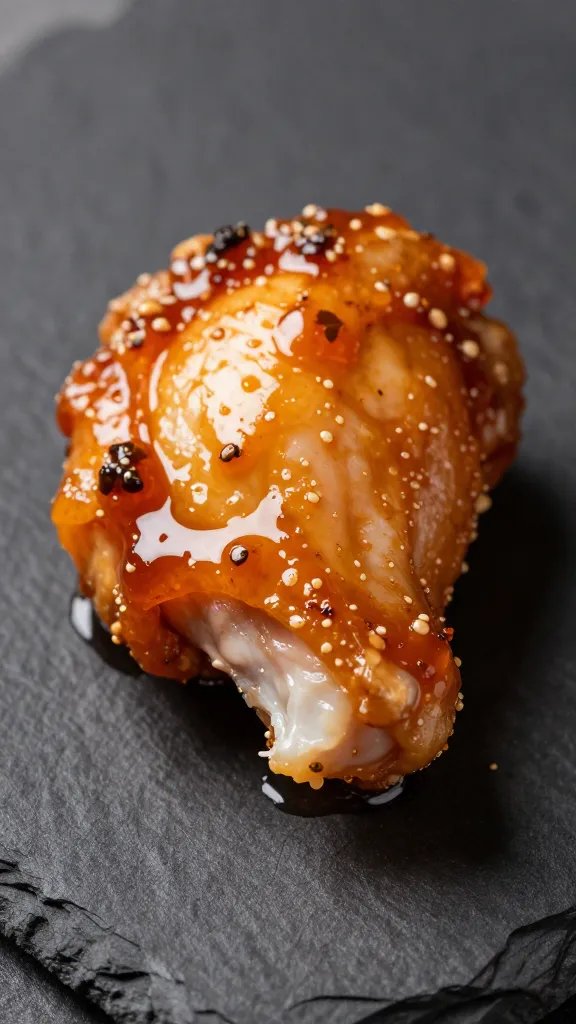 Sweet Heat: Honey Pepper Pimento Recipe Wins All Night 5 Closeup of a single bite-sized chicken piece with visible pepper jelly glaze on dark slateлю