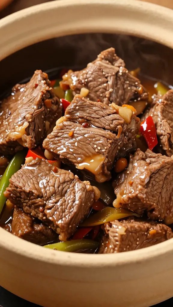 Campbell'S Pepper Pot Soup Recipe: Cozy One-Pot Comfort 4 Closeup of chunky beef and vegetables in rustic pot