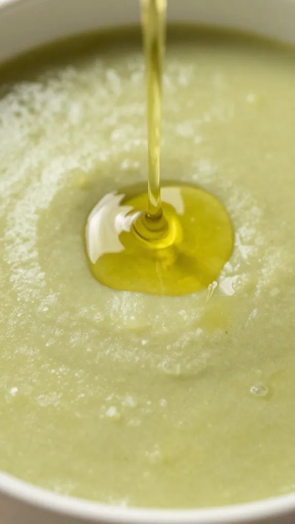 Campbell'S Pepper Pot Soup Recipe: Cozy One-Pot Comfort 5 Closeup of glossy olive oil drizzle on soup surface in bowl