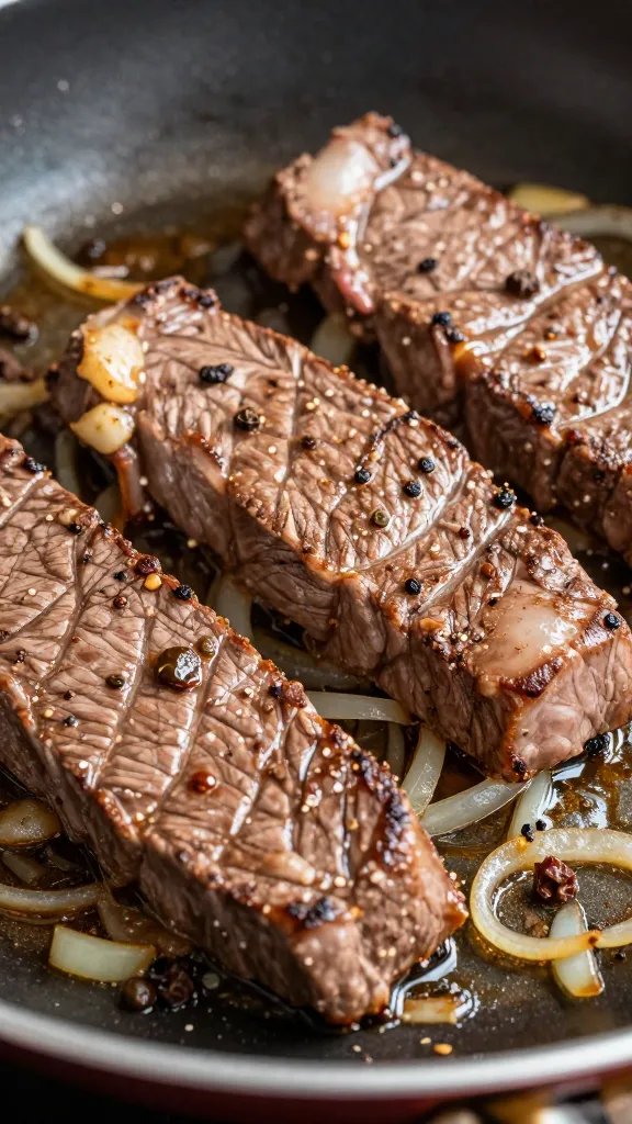 Beef Pepper Rice Recipe: Weeknight Wow in One Pan 3 closeup of beef slices sizzling in pan with pepper and onions