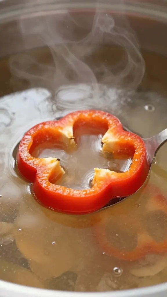Beef Pepper Rice Recipe: Weeknight Wow in One Pan 5 closeup of glossy beef broth steam rising over single pepper slice