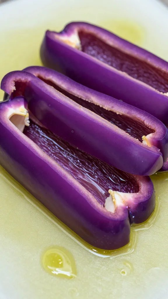 Purple Bell Pepper Recipes: Quick Crispy Dishes 3 Closeup of purple bell pepper strips on olive oil-slicked cutting board