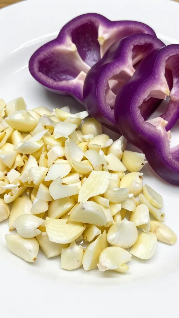Purple Bell Pepper Recipes: Quick Crispy Dishes 4 Closeup of minced garlic next to purple bell pepper slices on white plate
